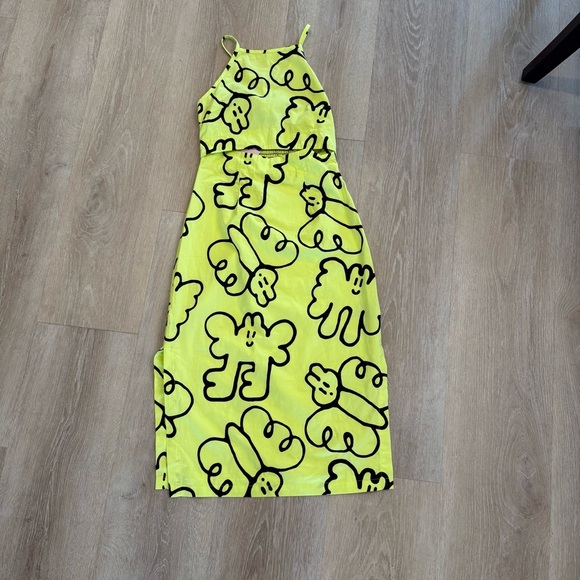 Lazy Oaf Butterfly Novelty Print Cut Out Midi Dress Neon Yellow Sz 2 Art to Wear - Picture 4 of 14